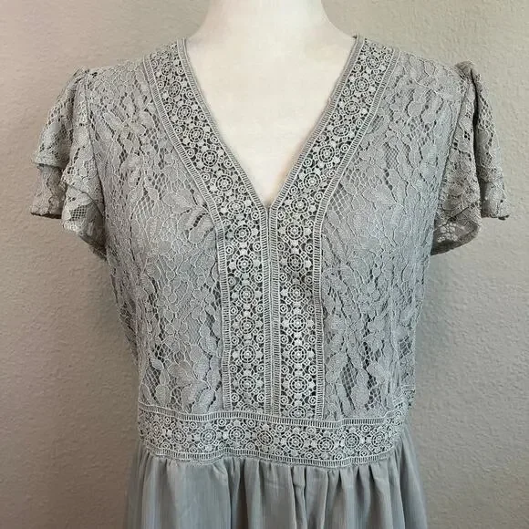 New Tea N Rose Maxi Dress Women's L Blue Gray Lace Flutter Sleeve Boho Chic - Picture 2 of 8